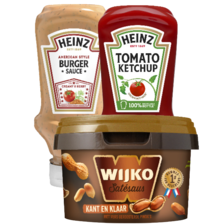 Wijko satésaus
emmer à 250/270 gram,
Heinz tomato ketchup flesje à 220 ml
of burgersaus fles à 220-230 gram